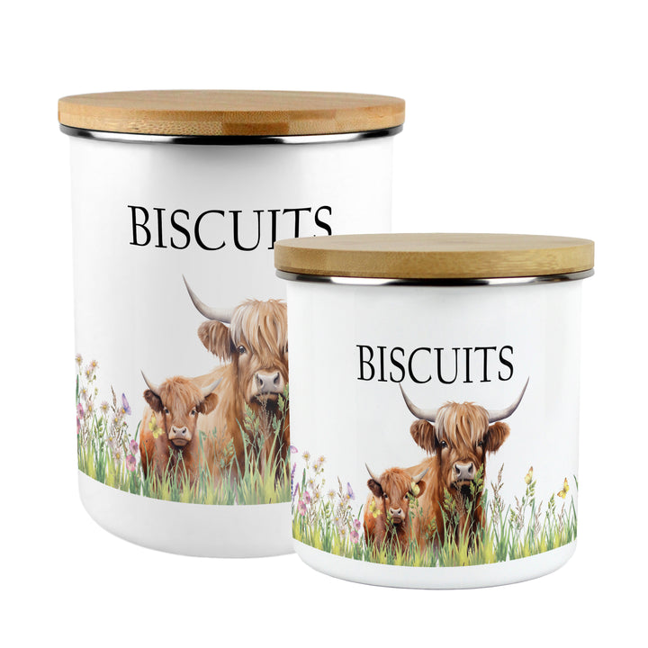 Purely Home Highland Cow & Calf Enamel Biscuit Canister