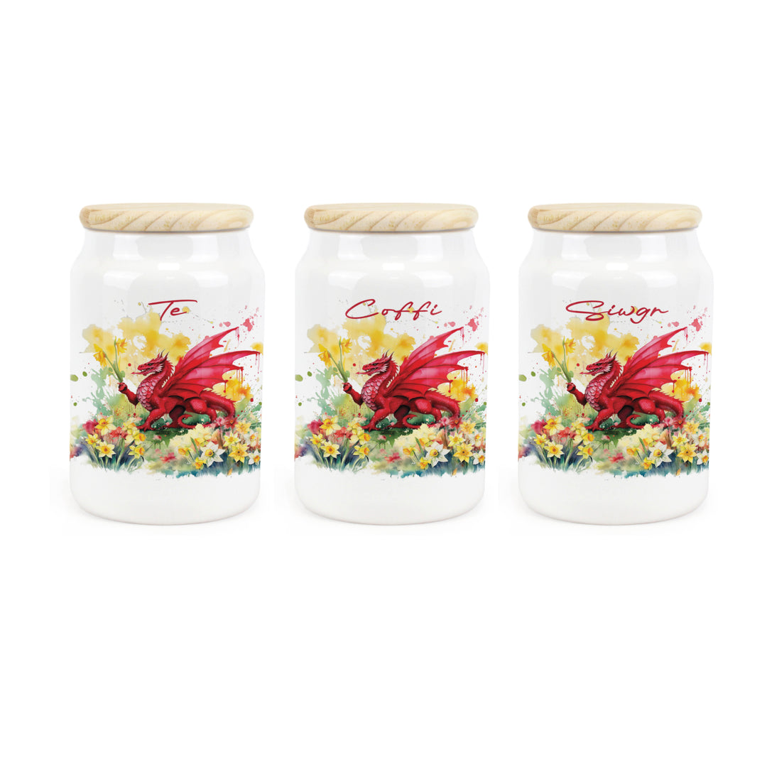 Purely Home Floral Welsh Dragon Ceramic Te, Coffi & Siwgr Canister Set