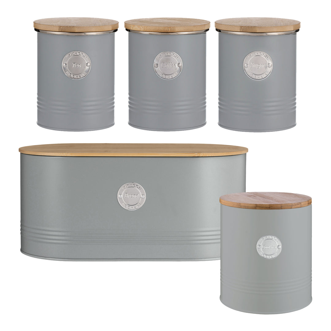 Typhoon Living Grey Tea, Coffee, Sugar, Bread Bin & Biscuit Tin Set