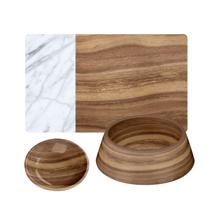 Acacia Wood Melamine Pet Bowl, Saucer & Placemat Set