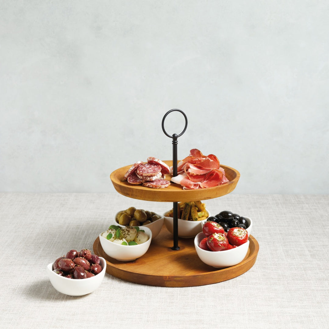 two tier serving stand for tapas and cured meats
