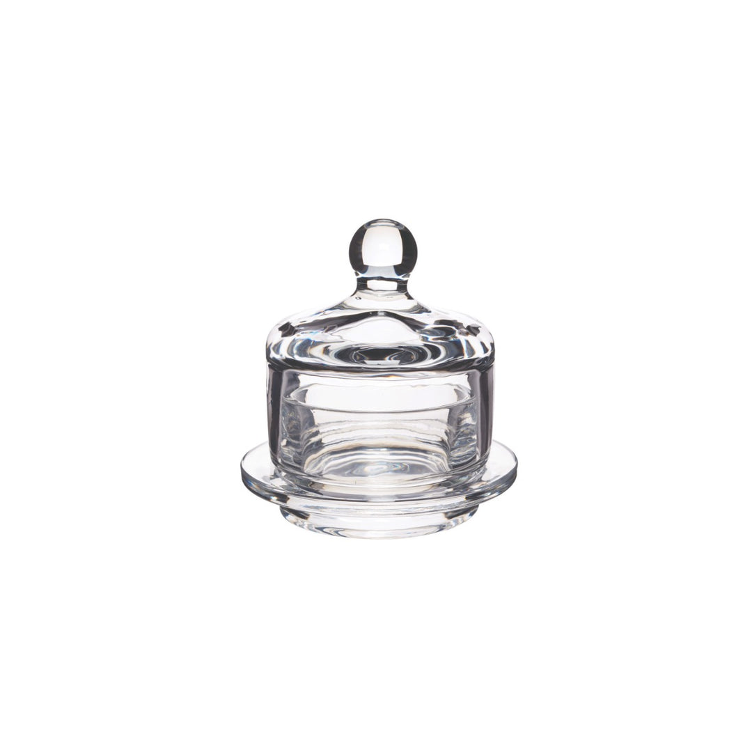 Miniature glass butter serving dish and lid, presented in a navy blue gift box.