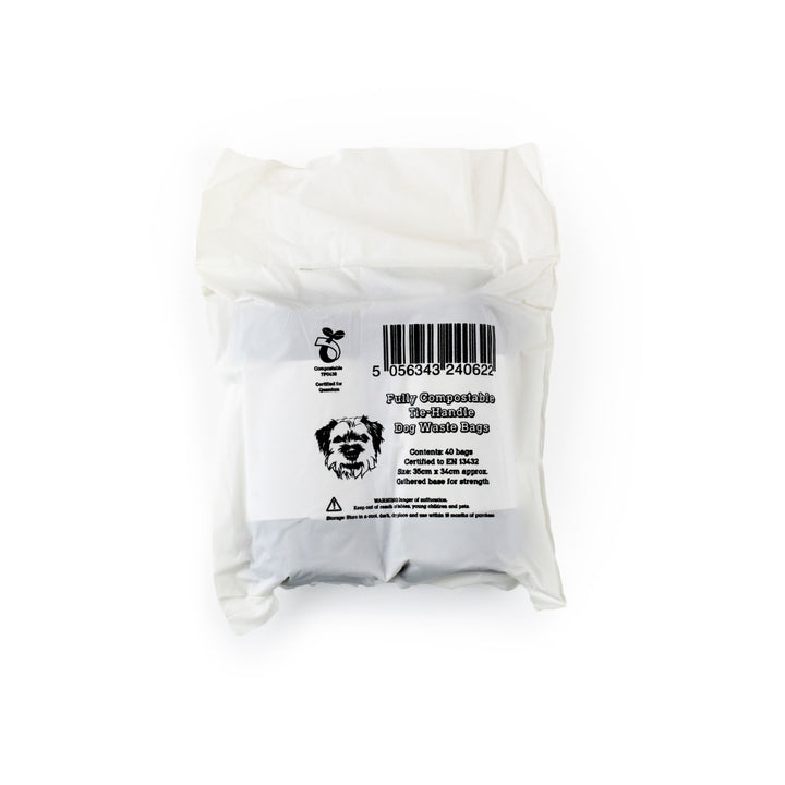 pack of compostable dog waste bags with tie handles