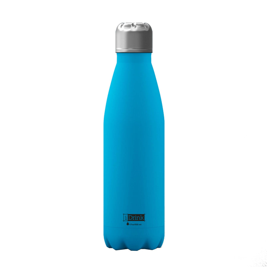 Blue insulated flask with a leakproof screw cap