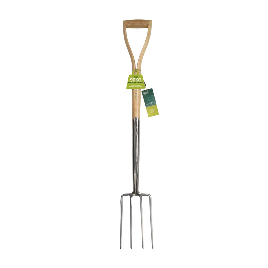 Gardening fork with a wooden handle.