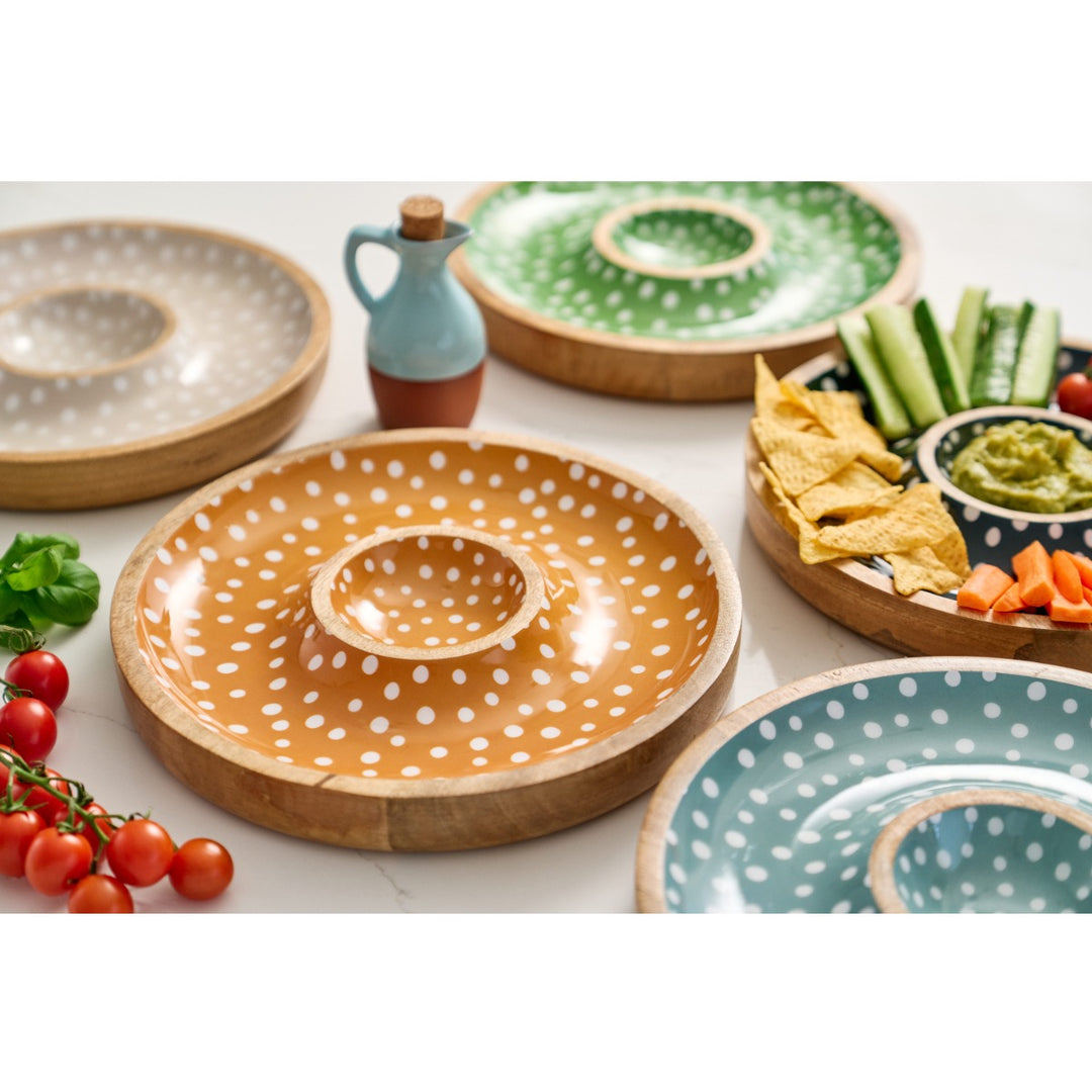 featuring a white polka dot design.