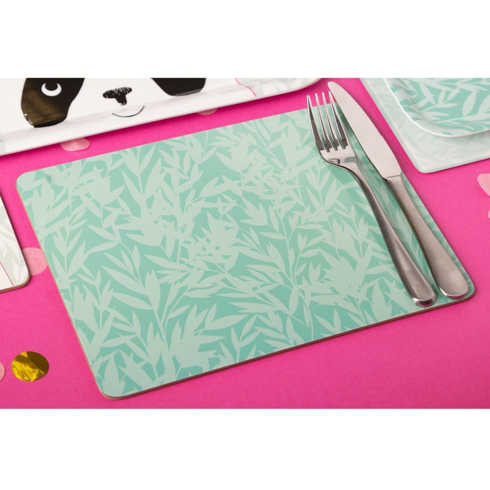 featuring a mint green bamboo leaves pattern printed onto a darker green background.