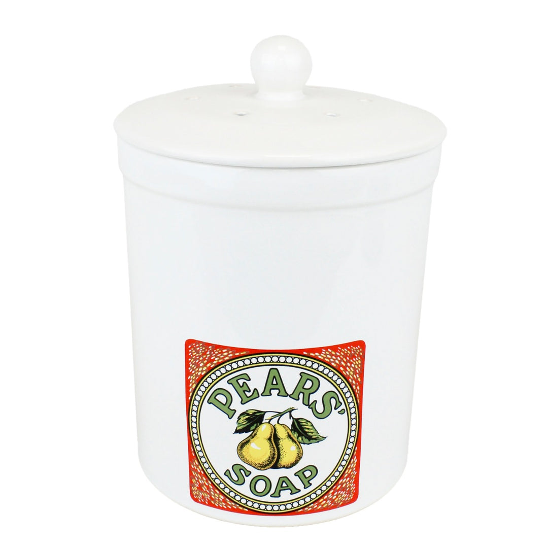 Pears soap print on a glazed white pot for food waste