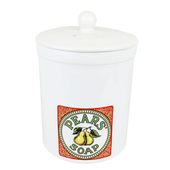 Pears soap print on a glazed white pot for food waste