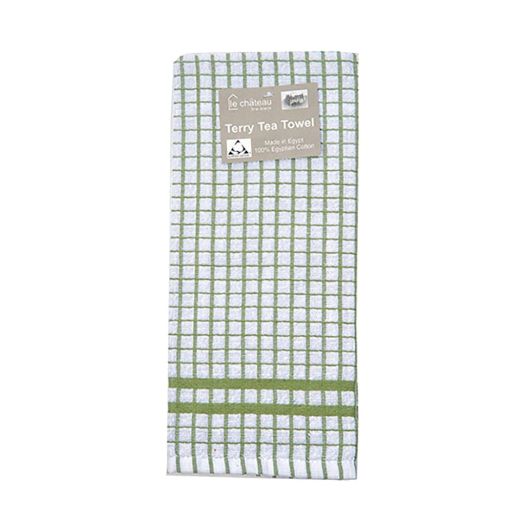 Terry Tea Towel, made from Egyptian Cotton, in a green and white check
