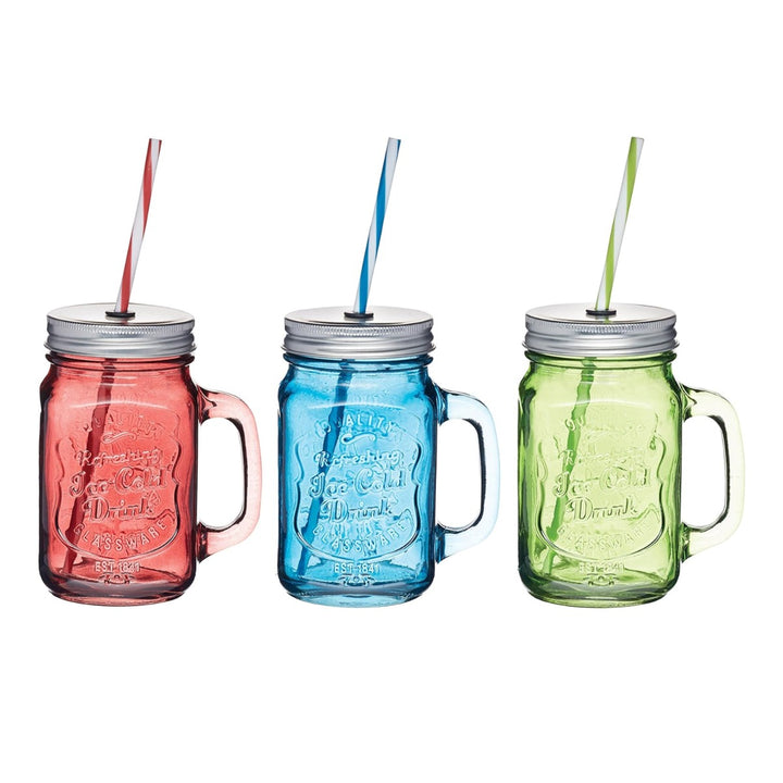 KitchenCraft Coloured Glass Drinks Mason Jars with Straw - Set of 3