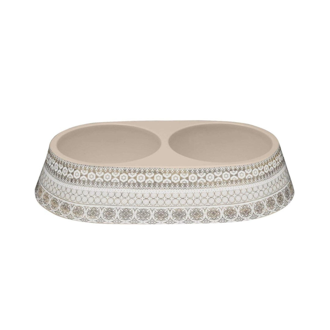Moroccan Wood Melamine Double Pet Bowl