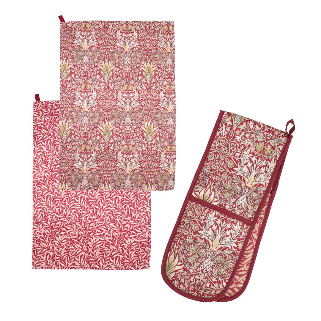 Morris & Co Snakeshead Tea Towels & Double Oven Glove Set - Claret