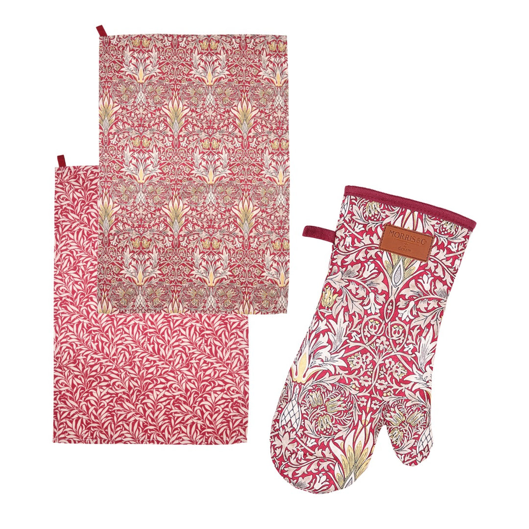 Morris & Co Snakeshead Tea Towels & Oven Gauntlet Set - Claret