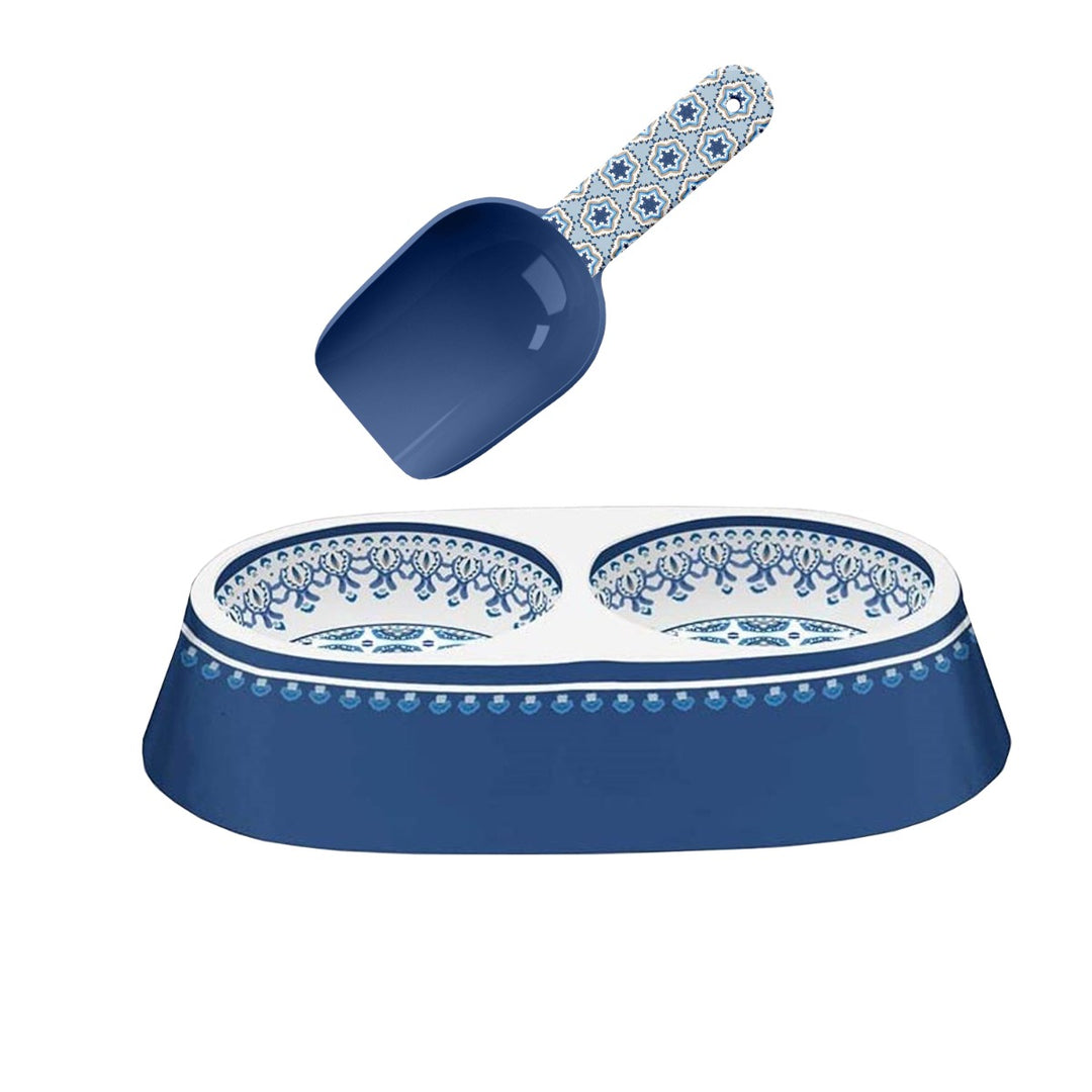 Moroccan Indigo Melamine Double Pet Bowl & Scoop Set