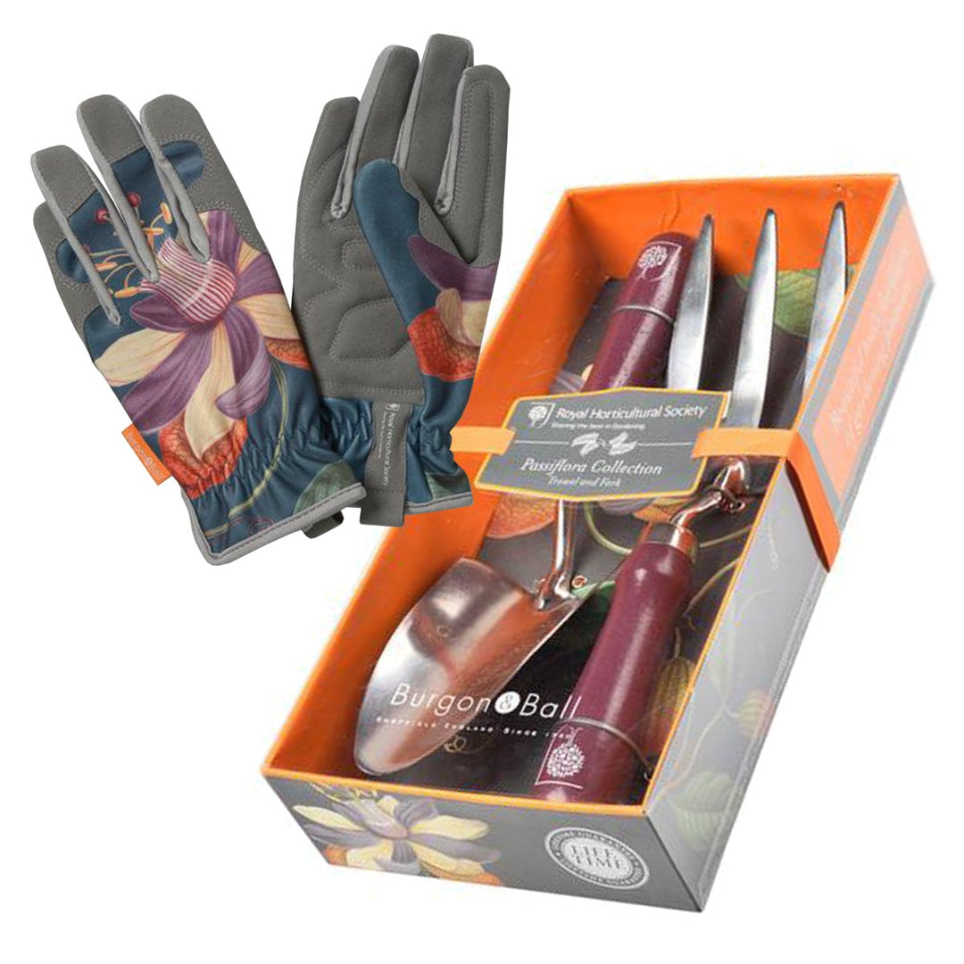 Burgon & Ball Passiflora Set - Gloves & Trowel/Fork