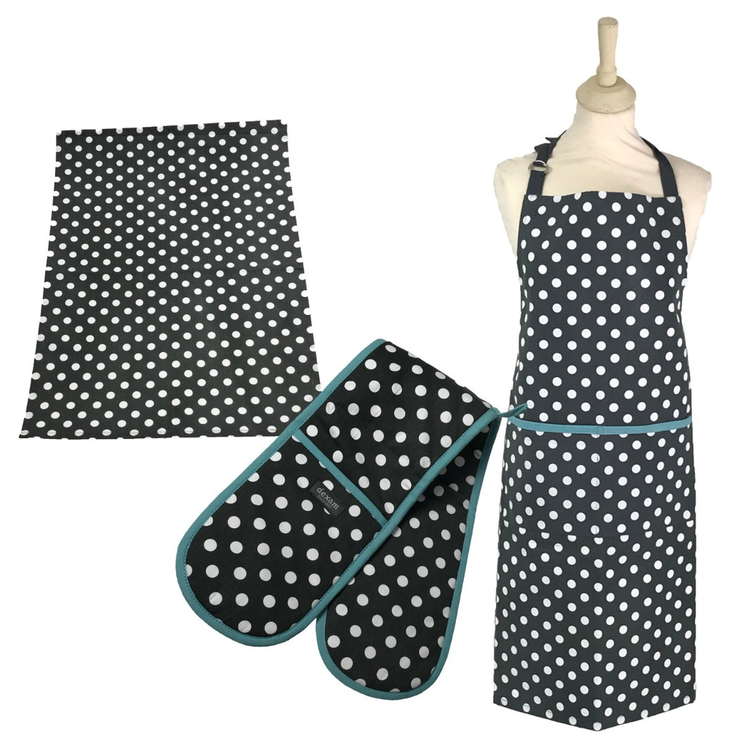Dexam Polka Apron, Tea Towel & Double Oven Glove Set - Slate Grey