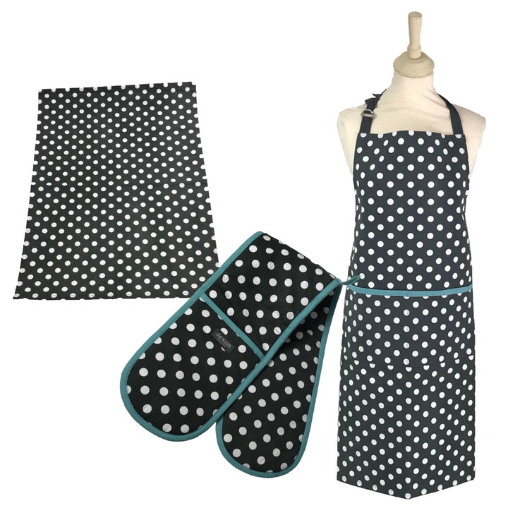 Dexam Polka Apron, Tea Towel & Double Oven Glove Set - Slate Grey