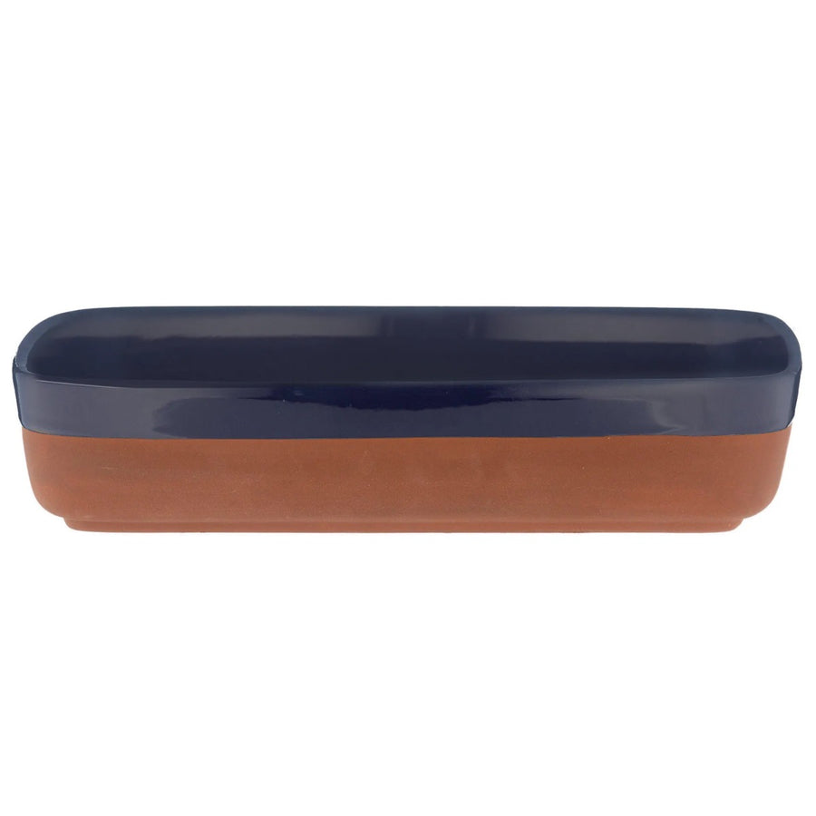 Rectangular terracotta cookware and serveware dish featuring a navy blue dip glaze.