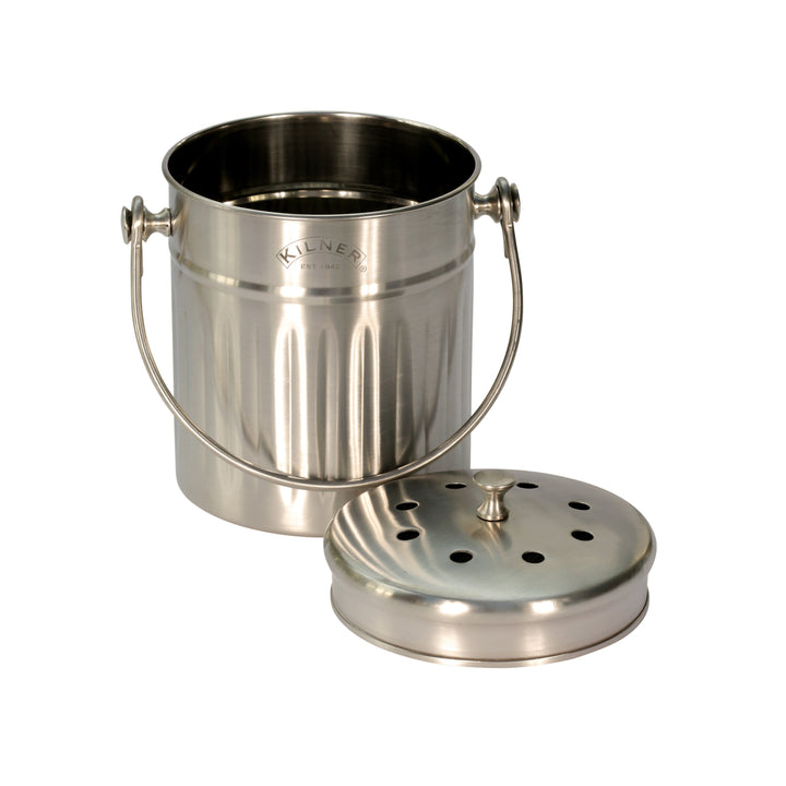 Silver food waste caddy with removable filtered lid