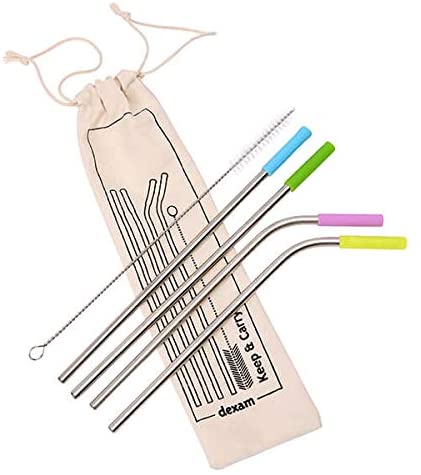 Dexam Set of 4 Stainless Steel Straw & Cleaning Brush in Organic Cotton Bag