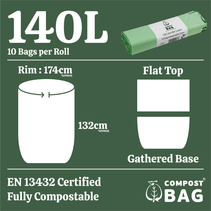 Measurement diagram for 140 litre Compost Bag UK bin liners, showing rim, height, flat top and gathered base features.