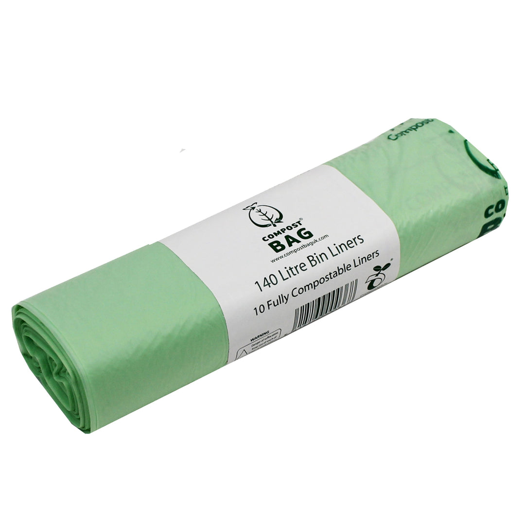 Roll of 140 litre Compost Bag UK liners, heavy-duty compostable sacks for large outdoor wheelie bins, EN13432 certified.