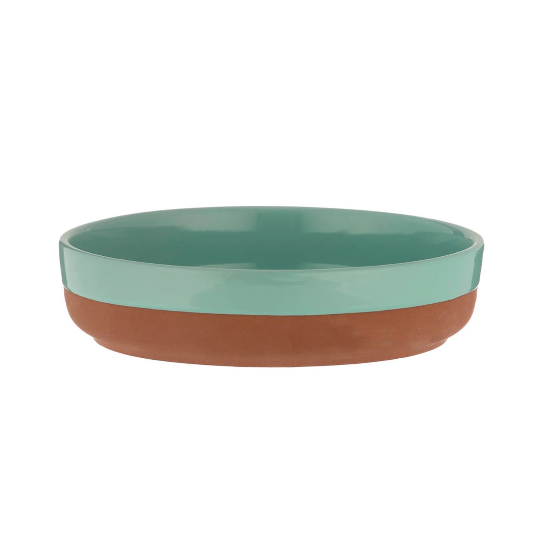 21cm round terracotta tapas dish featuring an aqua blue coloured dip glaze.