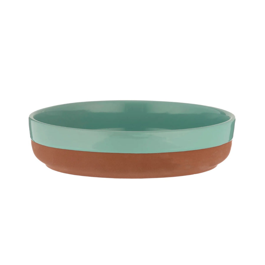 21cm round terracotta tapas dish featuring an aqua blue coloured dip glaze.