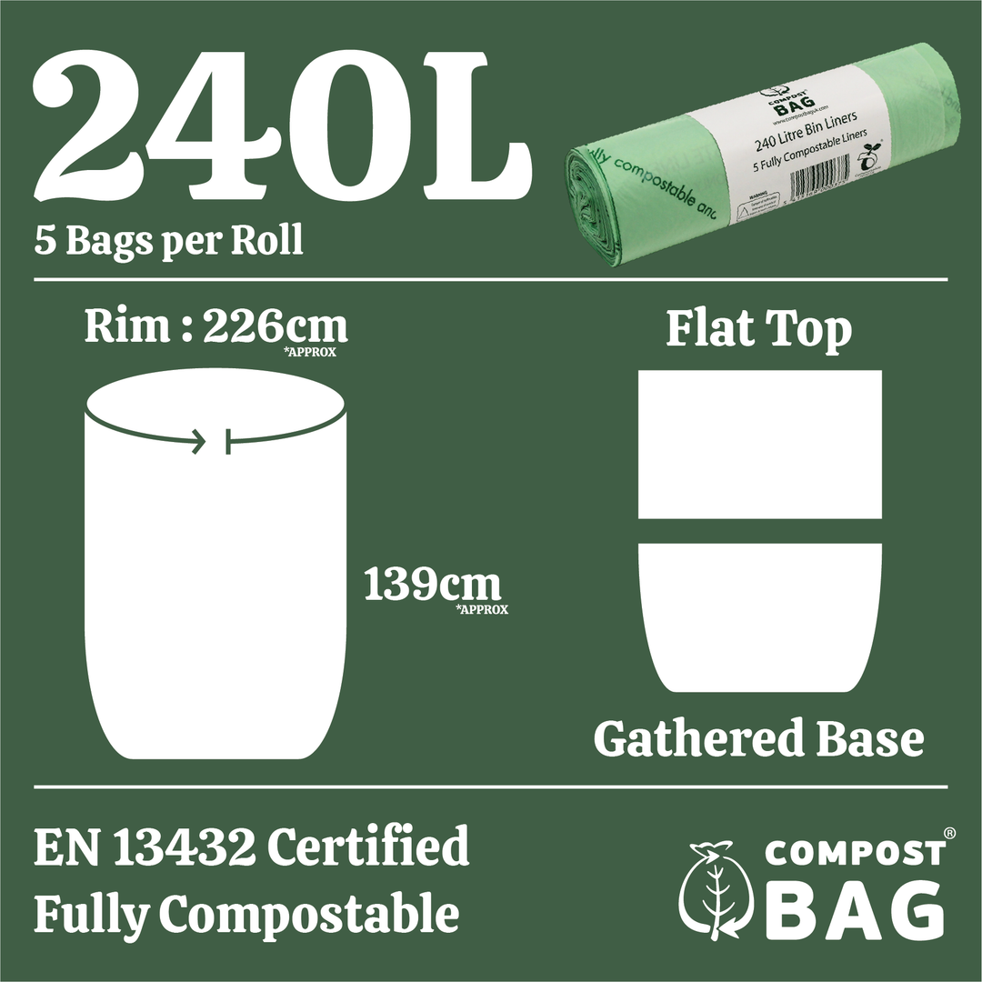 Diagram with dimensions for 240 litre compostable bin liners, featuring flat top and gathered base for a secure fit.

