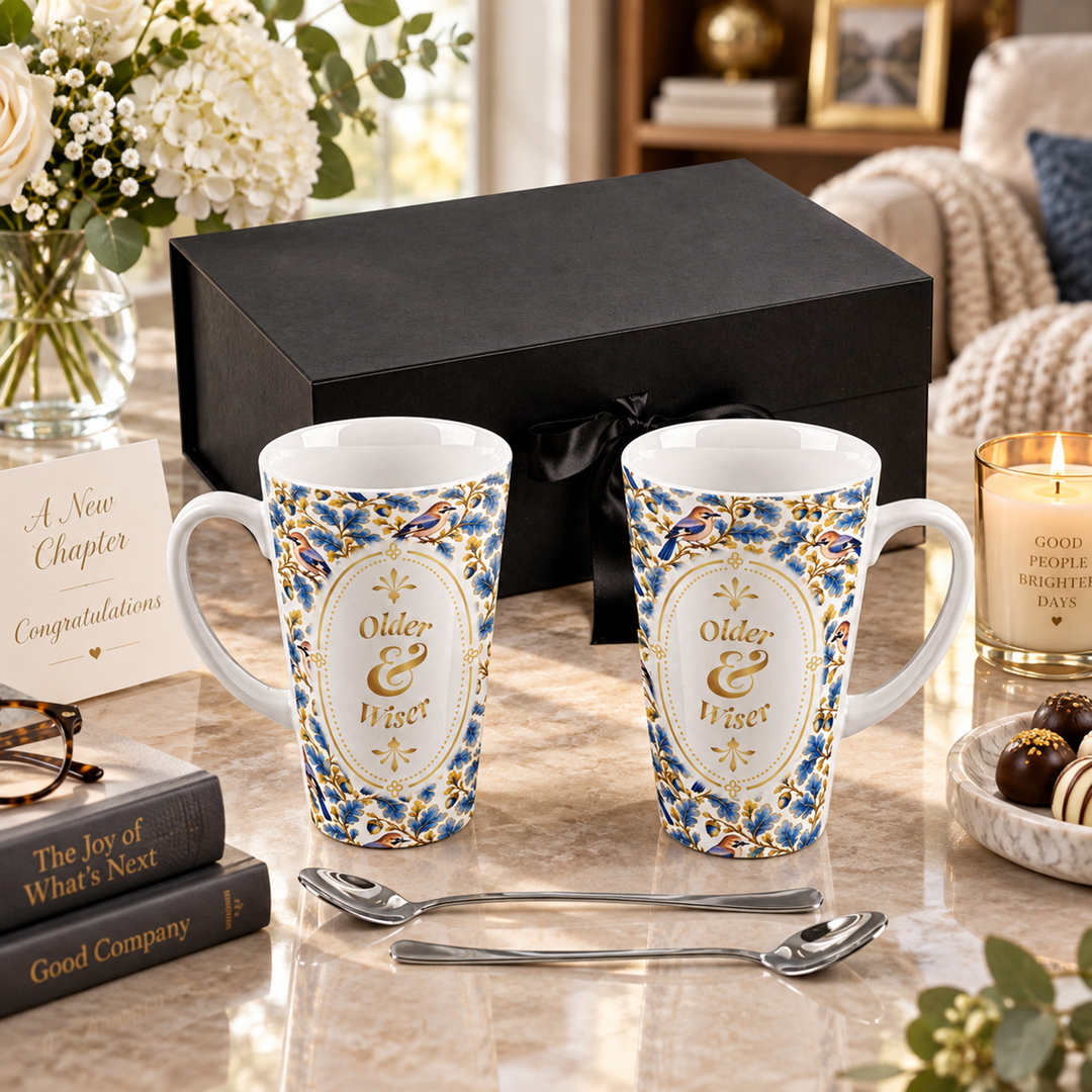 Purely Home Ornate Blue & Gold Birds Latte Mug Gift Box Set