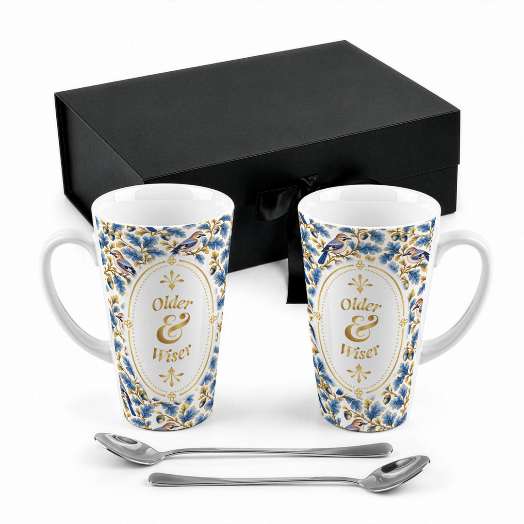 Purely Home Ornate Blue & Gold Birds Latte Mug Gift Box Set