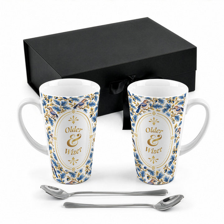 Purely Home Ornate Blue & Gold Birds Latte Mug Gift Box Set