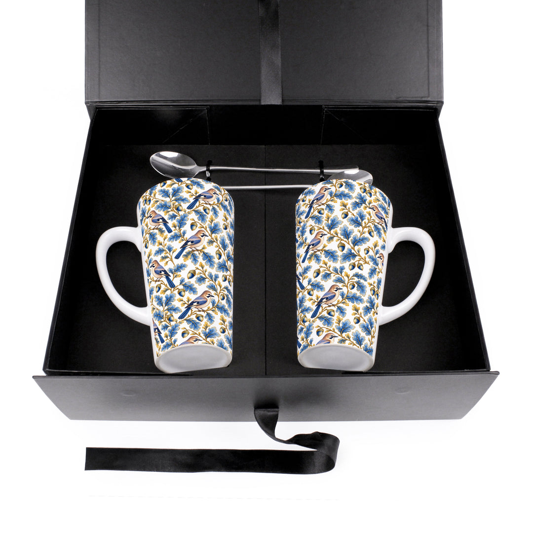 Purely Home Ornate Blue & Gold Birds Latte Mug Gift Box Set