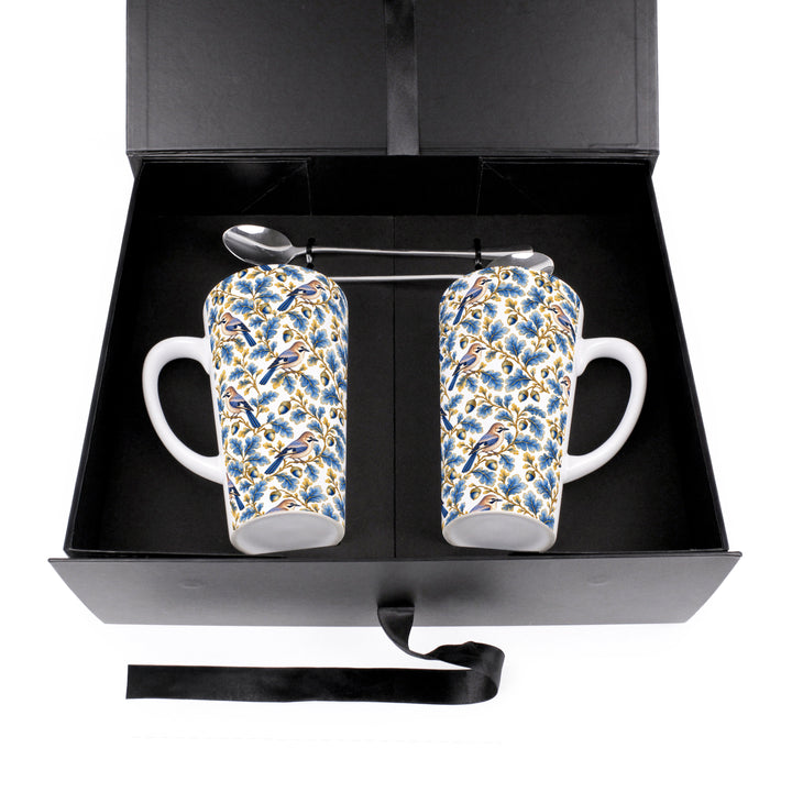 Purely Home Ornate Blue & Gold Birds Latte Mug Gift Box Set