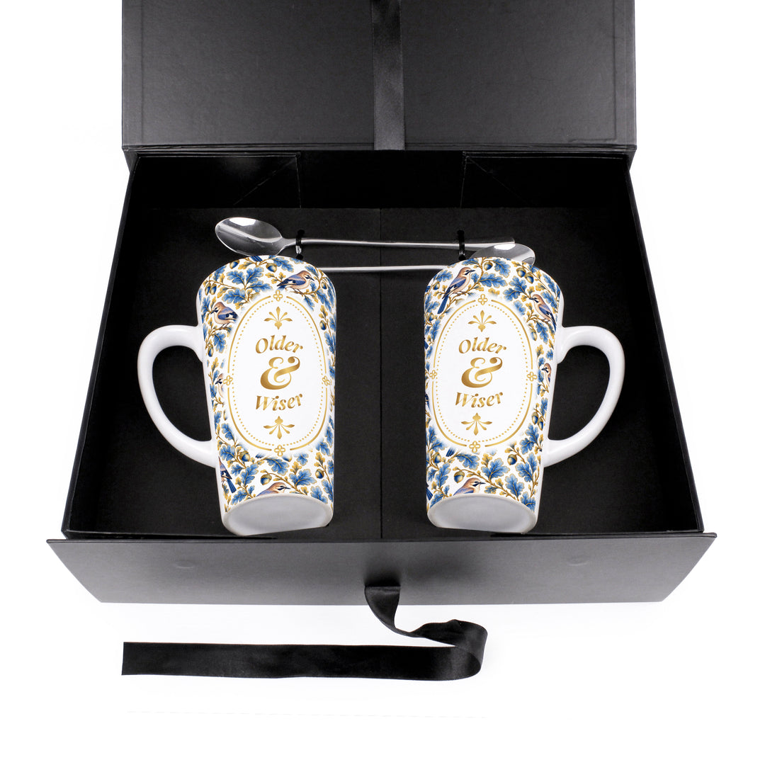 Purely Home Ornate Blue & Gold Birds Latte Mug Gift Box Set