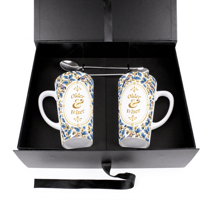 Purely Home Ornate Blue & Gold Birds Latte Mug Gift Box Set