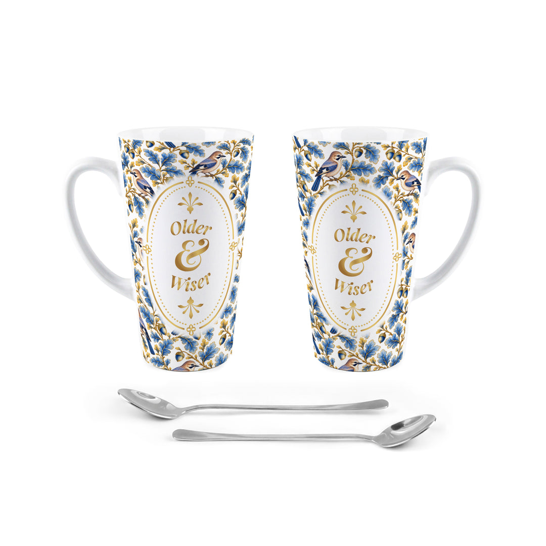 Purely Home Ornate Blue & Gold Birds Latte Mug Gift Box Set