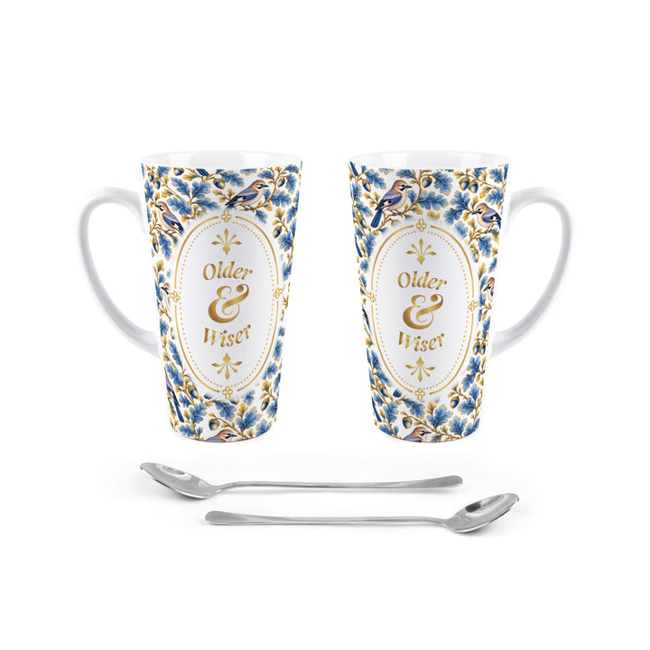 Purely Home Ornate Blue & Gold Birds Latte Mug Gift Box Set