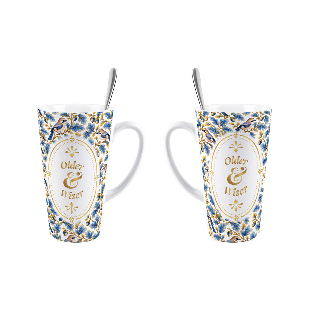 Purely Home Ornate Blue & Gold Birds Latte Mug Gift Box Set