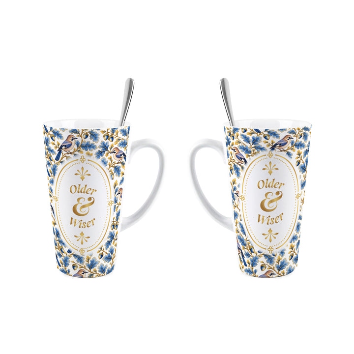 Purely Home Ornate Blue & Gold Birds Latte Mug Gift Box Set