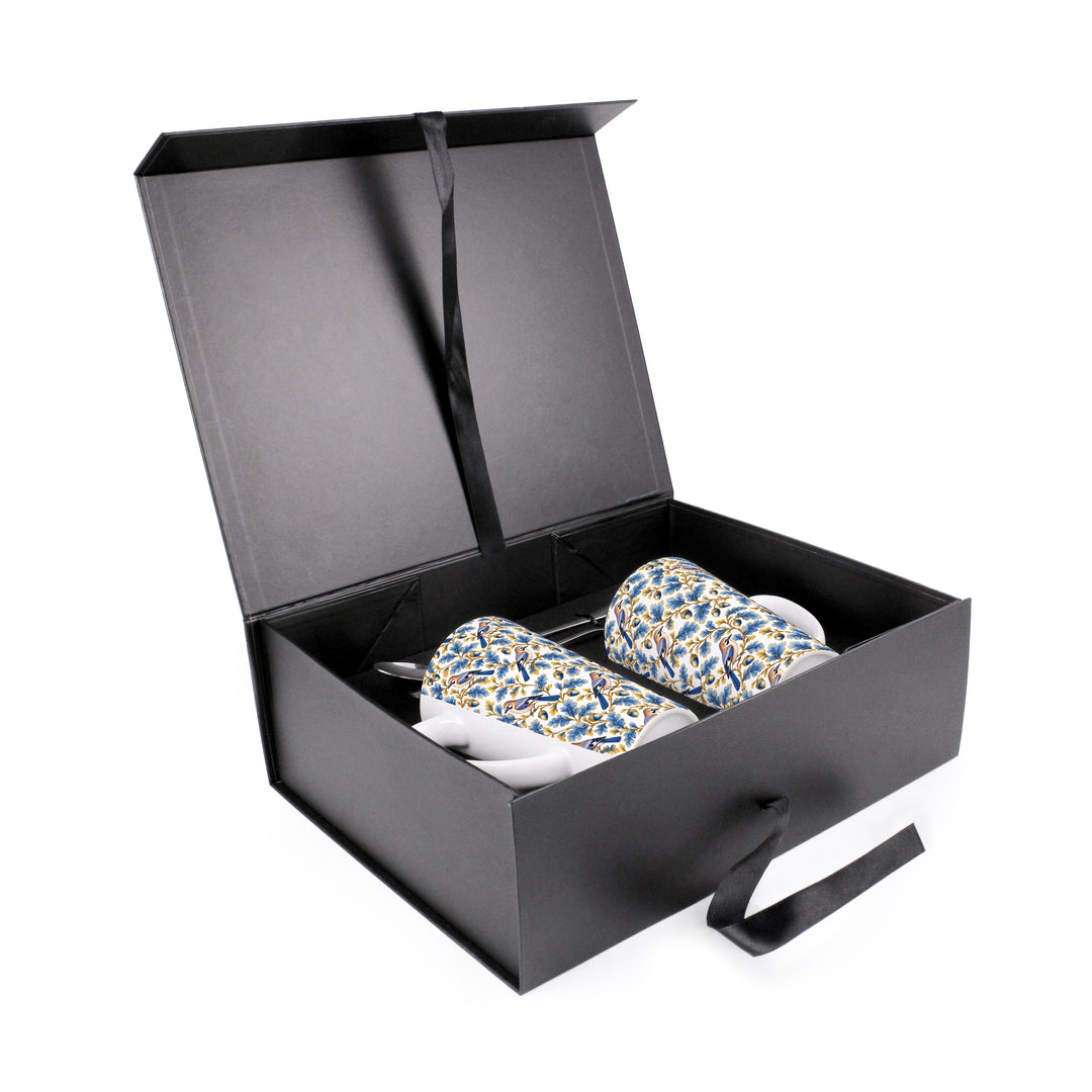 Purely Home Ornate Blue & Gold Birds Latte Mug Gift Box Set