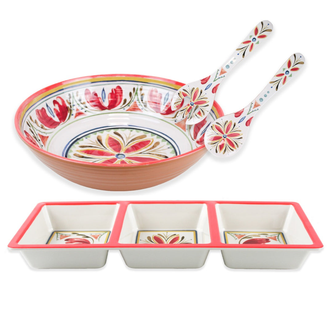 Mediterranean Melamine 3-Section Tray & Salad Serving Set