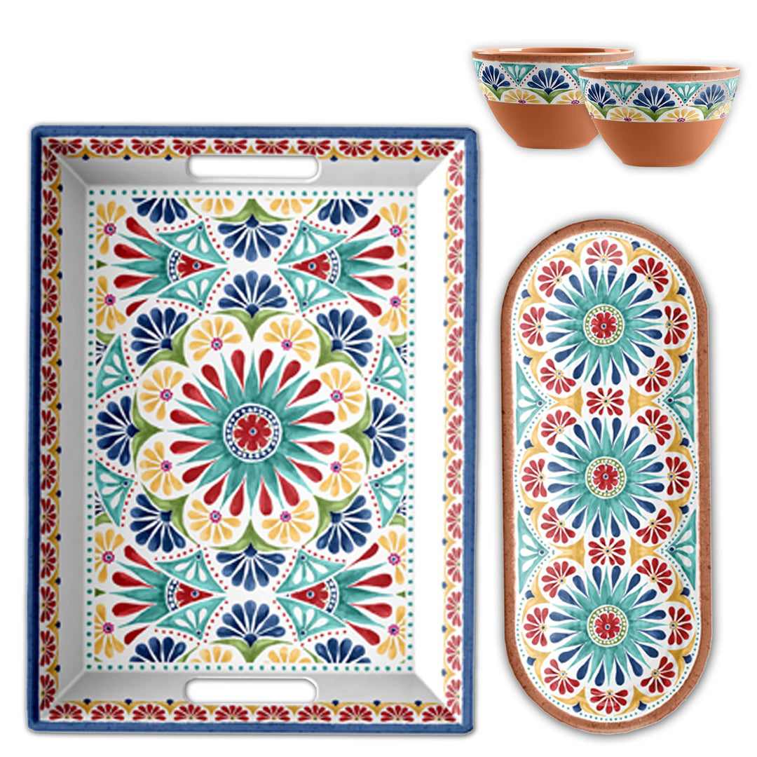 Rio Medallion Melamine 4 Piece Trays & Dipping Bowls Serving Set