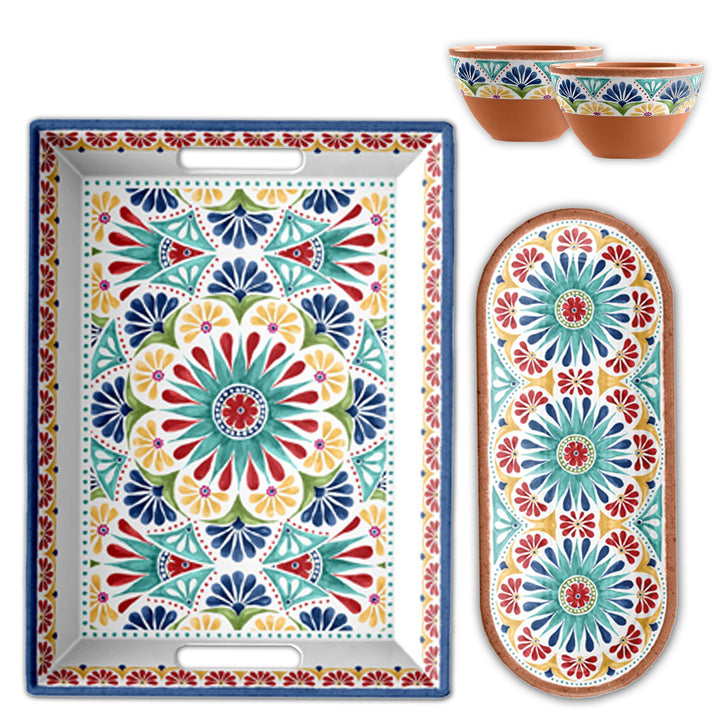 Rio Medallion Melamine 4 Piece Trays & Dipping Bowls Serving Set