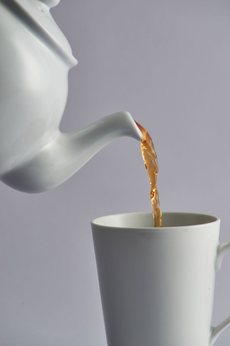 large white teapot with a non-drip spout