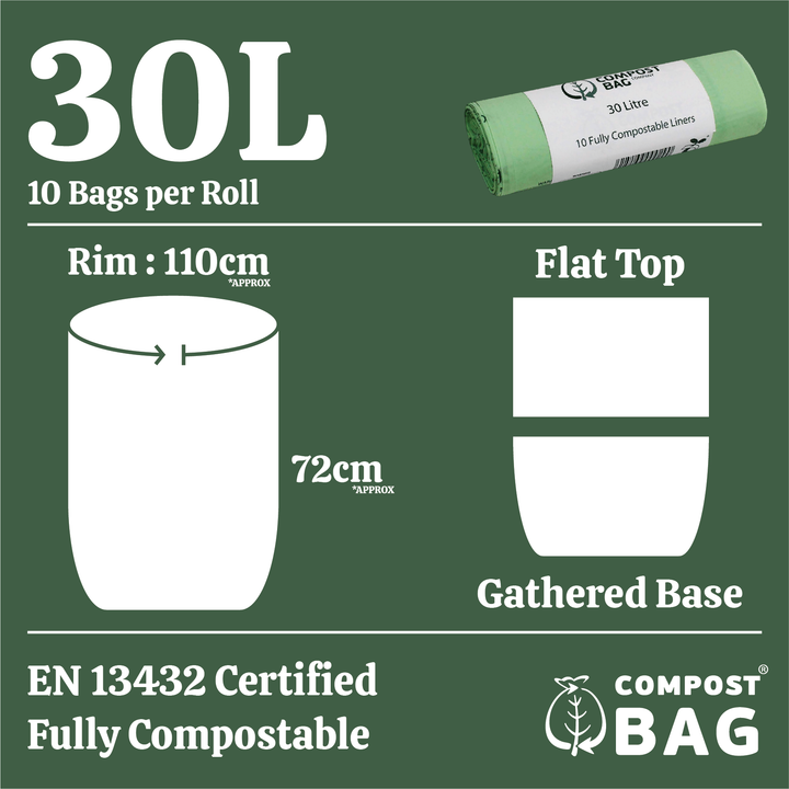 30L Compost Bag Compostable Kerbside Caddy Liners - 10 Bags Per Roll