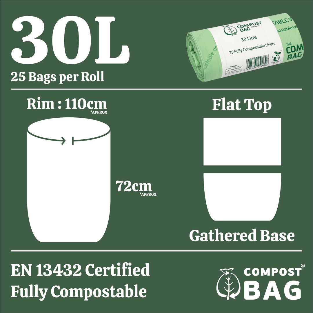 30L Compost Bag Compostable Kerbside Caddy Liners - 25 Bags Per Roll