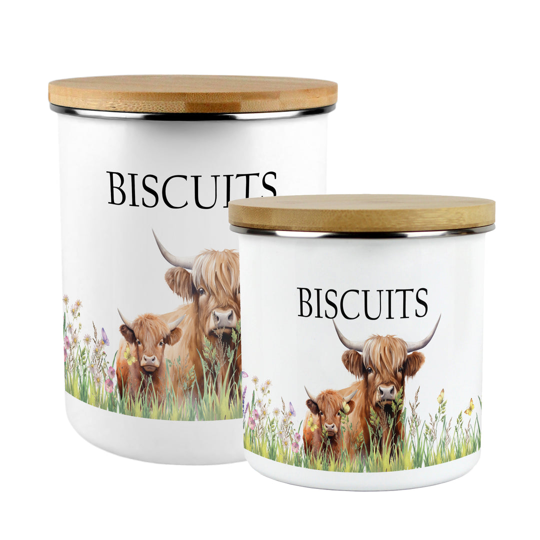 Purely Home Highland Cow & Calf Enamel Biscuit Canister
