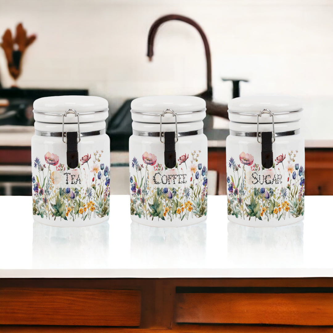 Purely Home Wildflowers Ceramic Clip-Lid Tea, Coffee & Sugar Canister Set